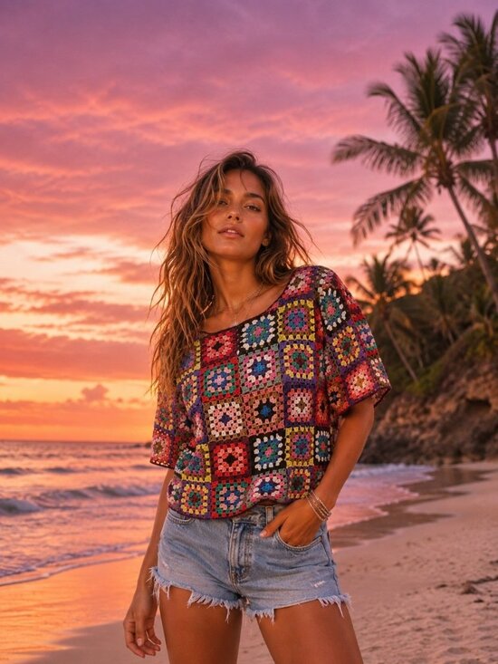FARM Rio Sweaters - Farm Rio Brasilia Granny Square Crochet Cropped Sweater Knit Top